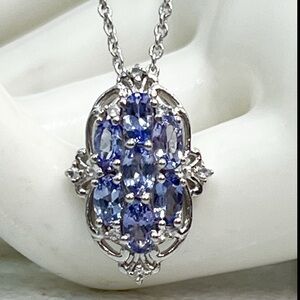 Tanzanite White Topaz Sterling Silver Cluster Pendant 20” Necklace